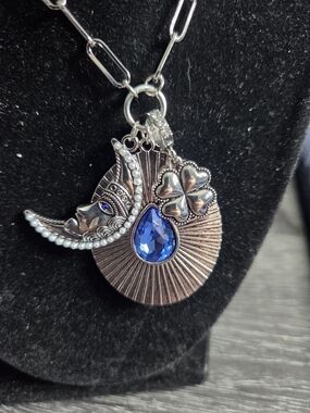 paparazzi Silver-Tone Moon & Clover Pendant Necklace with Blue Teardrop